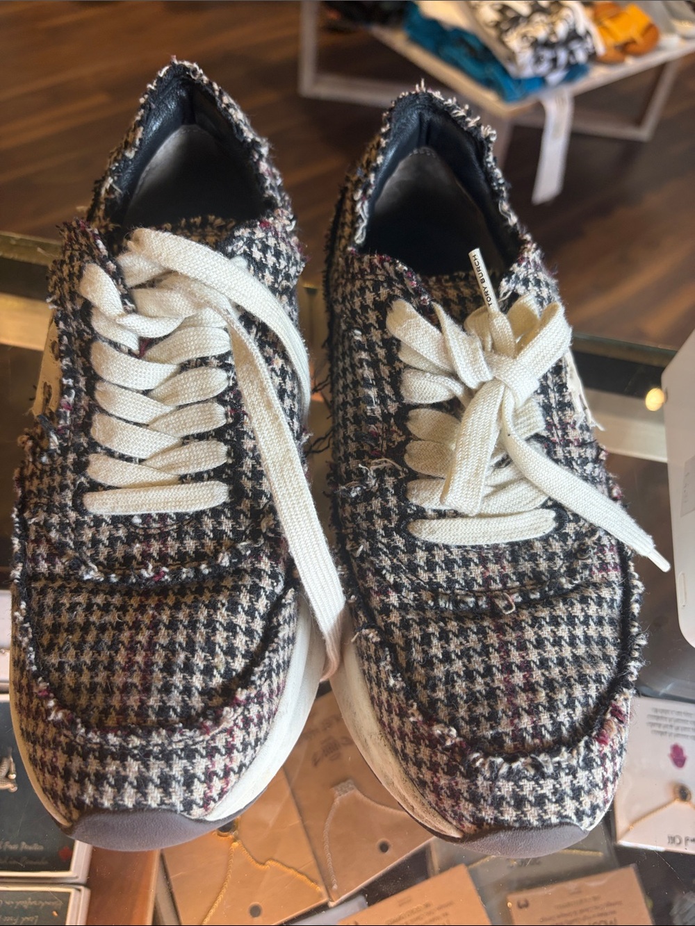 Tory Burch Tweed Houndstooth Lace-Up Sneakers in Cream and Black